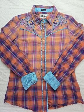 Roar Western Plaid Shirt Orange Embroidered Studded Snap Front Roll Tab M